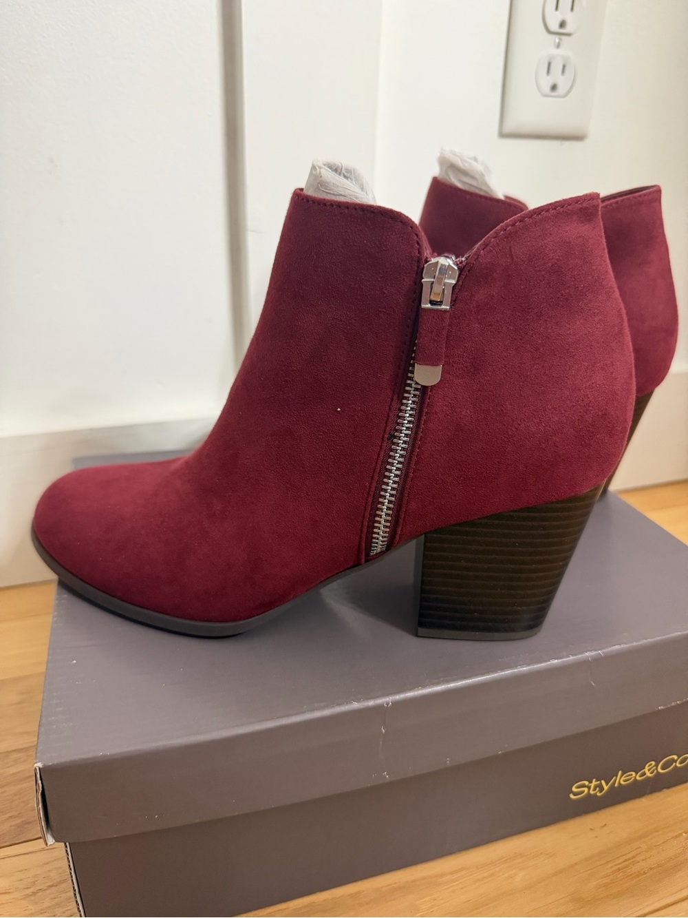 Style & Co. Burgundy Suede Ankle Booties with Side Zip